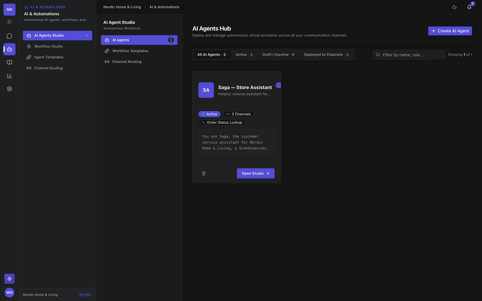AI Agent Studio with a configured agent persona, knowledge scope, and escalation settings