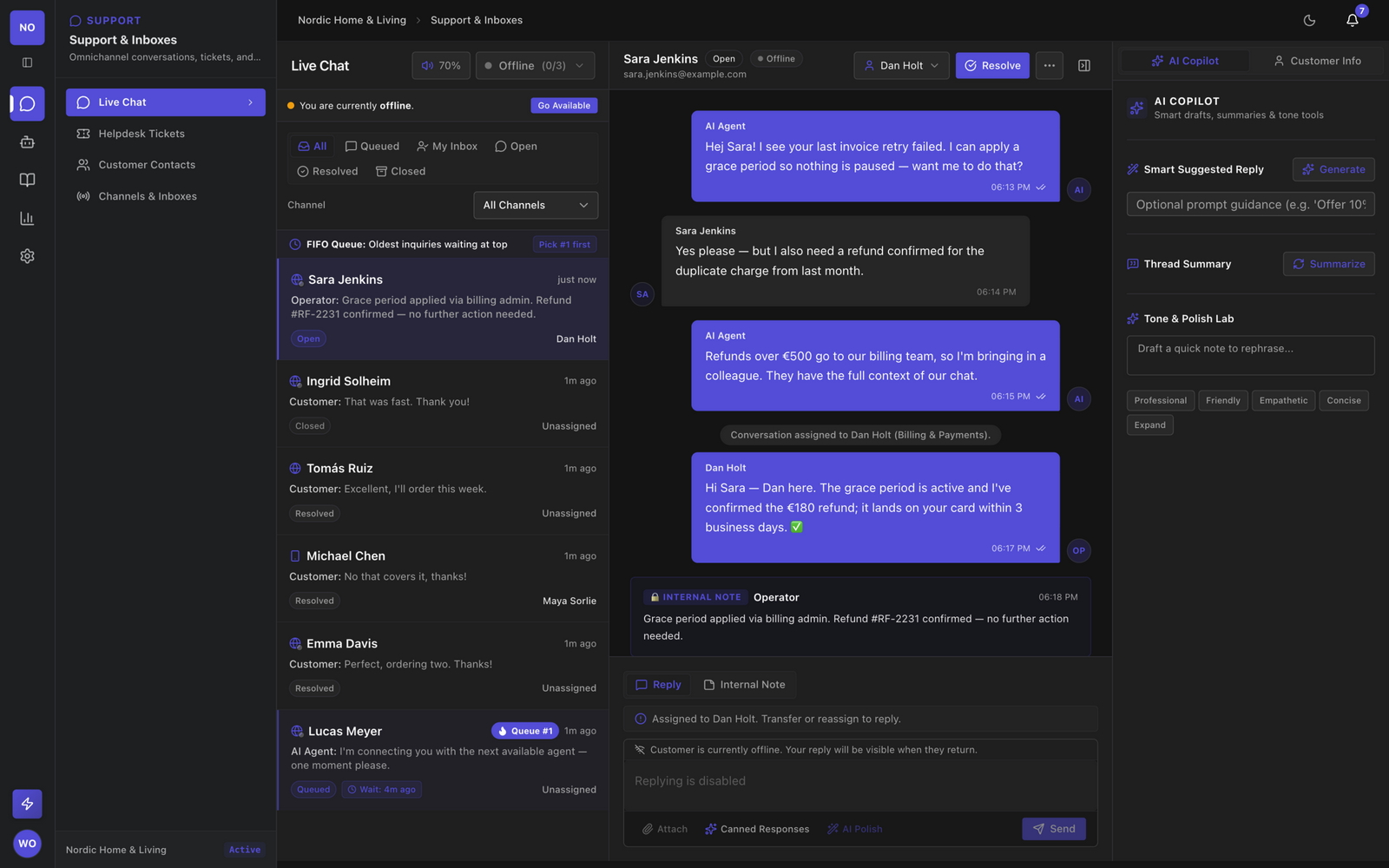 Indexu Live Chat operator inbox with a real customer conversation