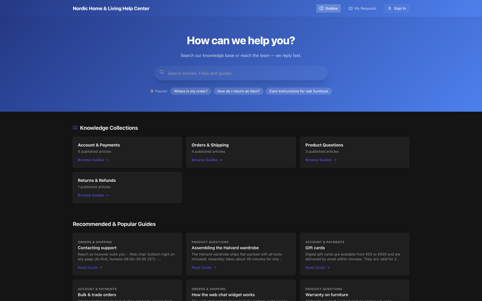 Branded customer Help Center portal homepage