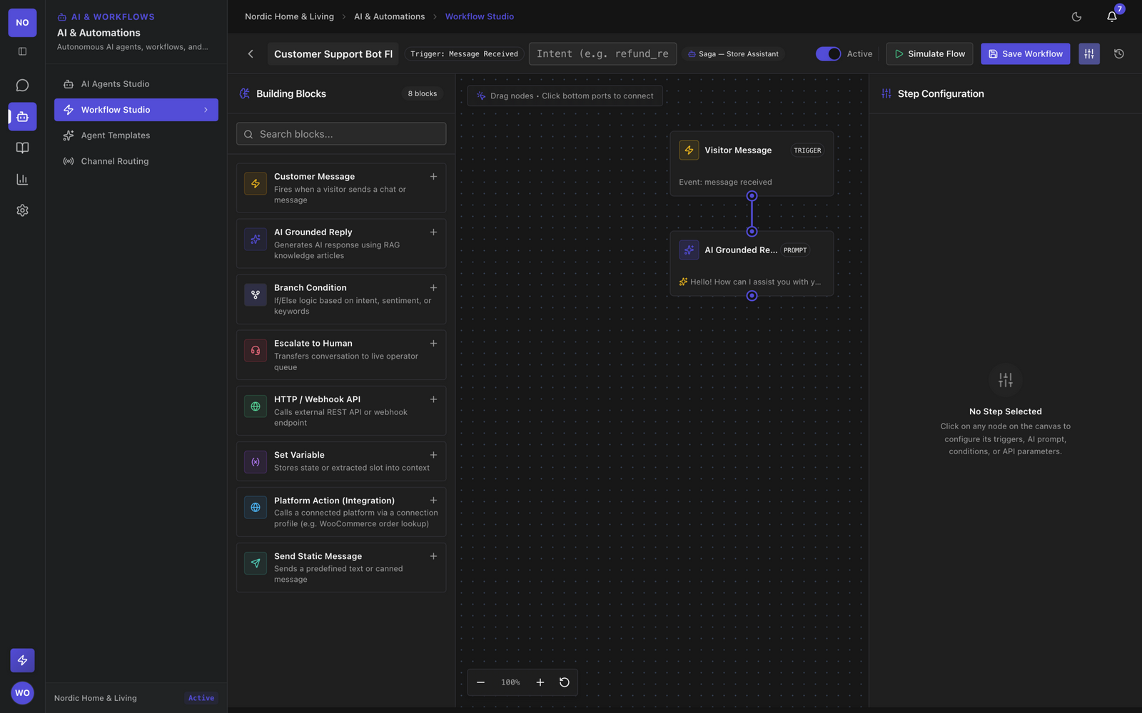 Workflow Studio canvas with a live order-status automation flow